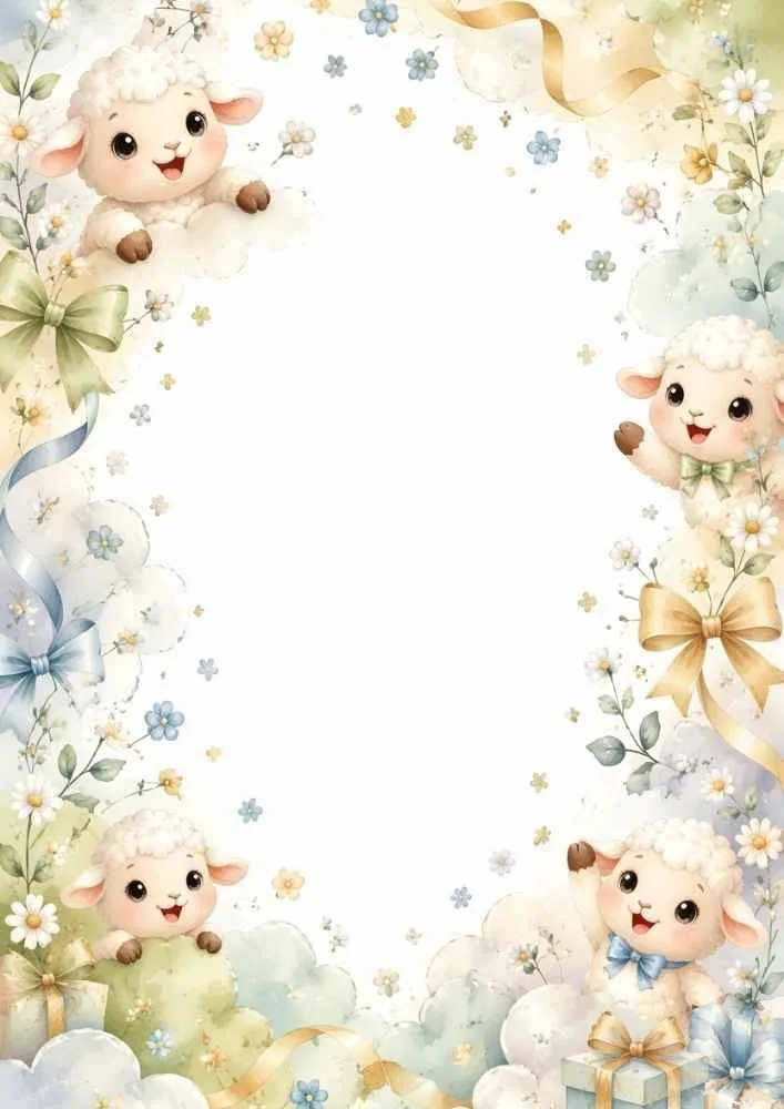 Four baby lambs around clouds, gifts, bows, and a blank center.