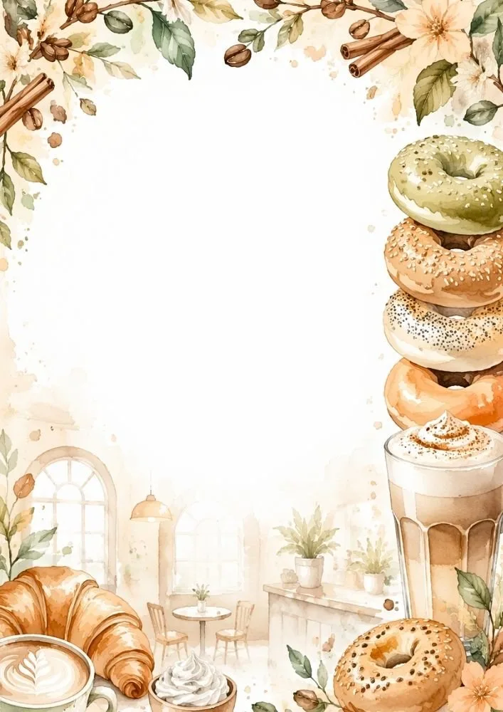 Watercolor café background with bagels, coffee, croissant, flowers, and bakery décor.