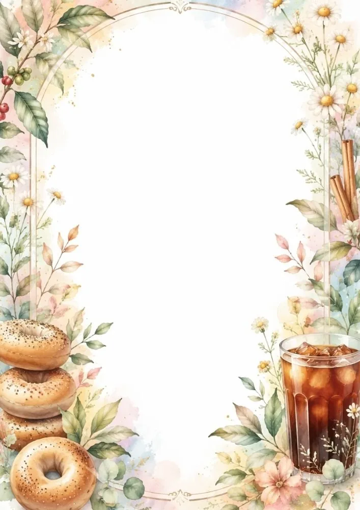 Stacked bagels and iced coffee within a colorful floral garden border.