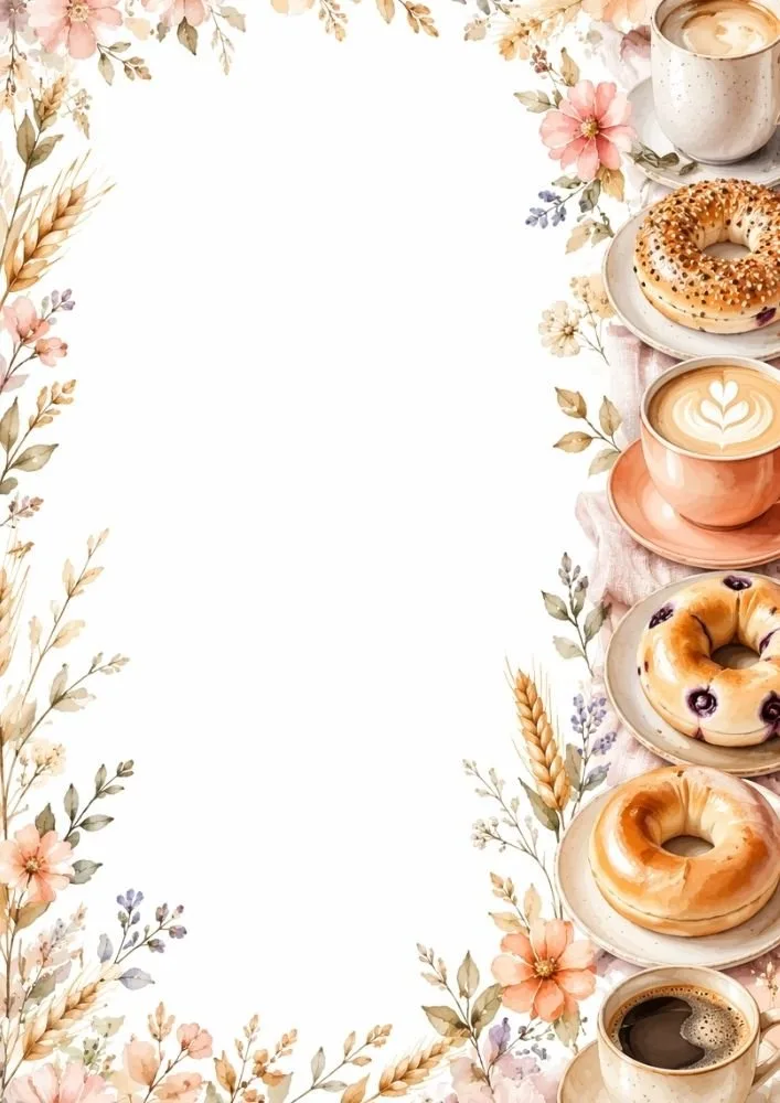 Floral border with bagels, lattes, and soft watercolor bakery elements.