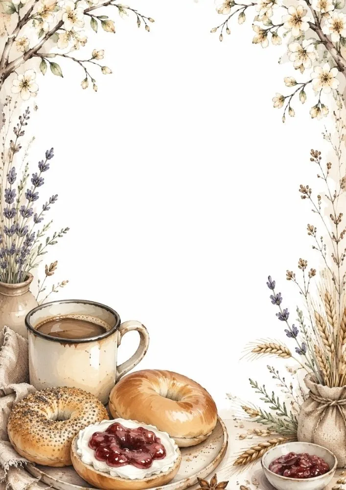 Rustic coffee and bagels surrounded by lavender and countryside flowers.