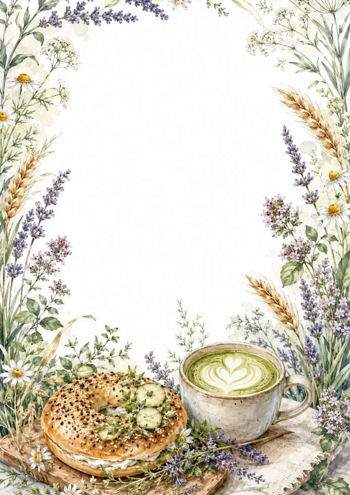 Matcha latte and bagel surrounded by wildflowers and garden plants.