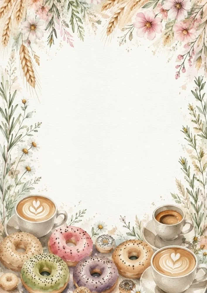 Pastel bagels and coffee cups arranged with flowers on a watercolor background.