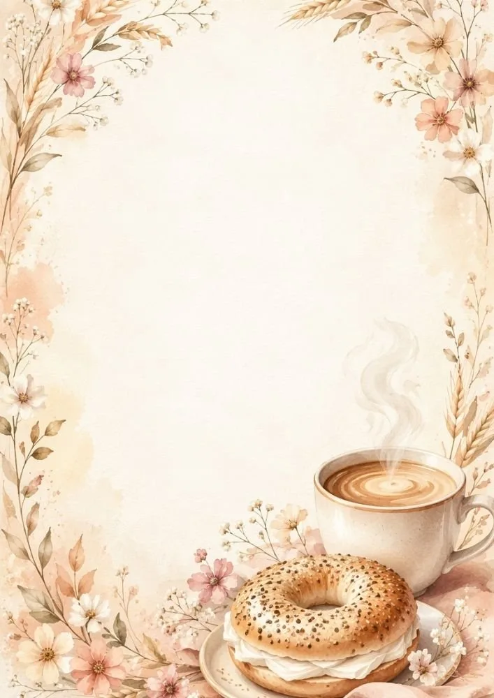 Watercolor coffee cup and cream-filled bagel surrounded by soft floral accents.