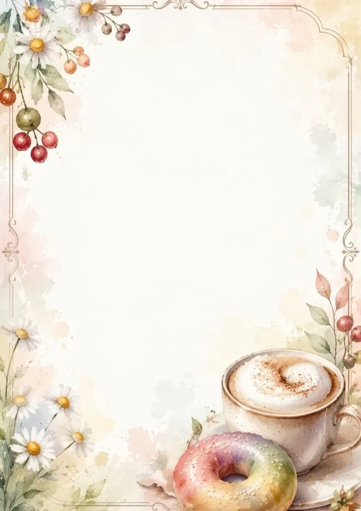 Watercolor rainbow bagel and coffee cup framed by flowers and berries.