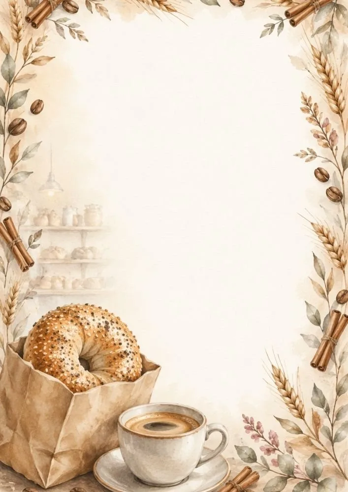 Rustic watercolor background with bagel, coffee, wheat, and cinnamon accents.