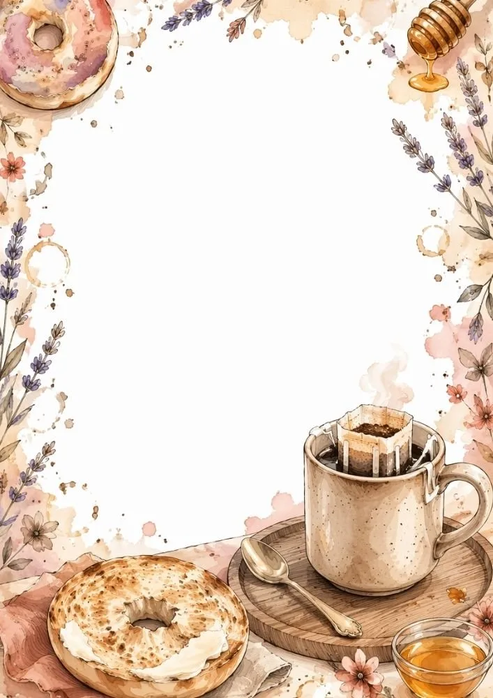 Watercolor background featuring honey, coffee, flowers, and a bagel.