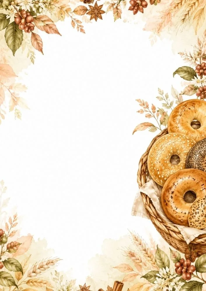 Basket of assorted bagels with seasonal flowers and harvest themed decorations.