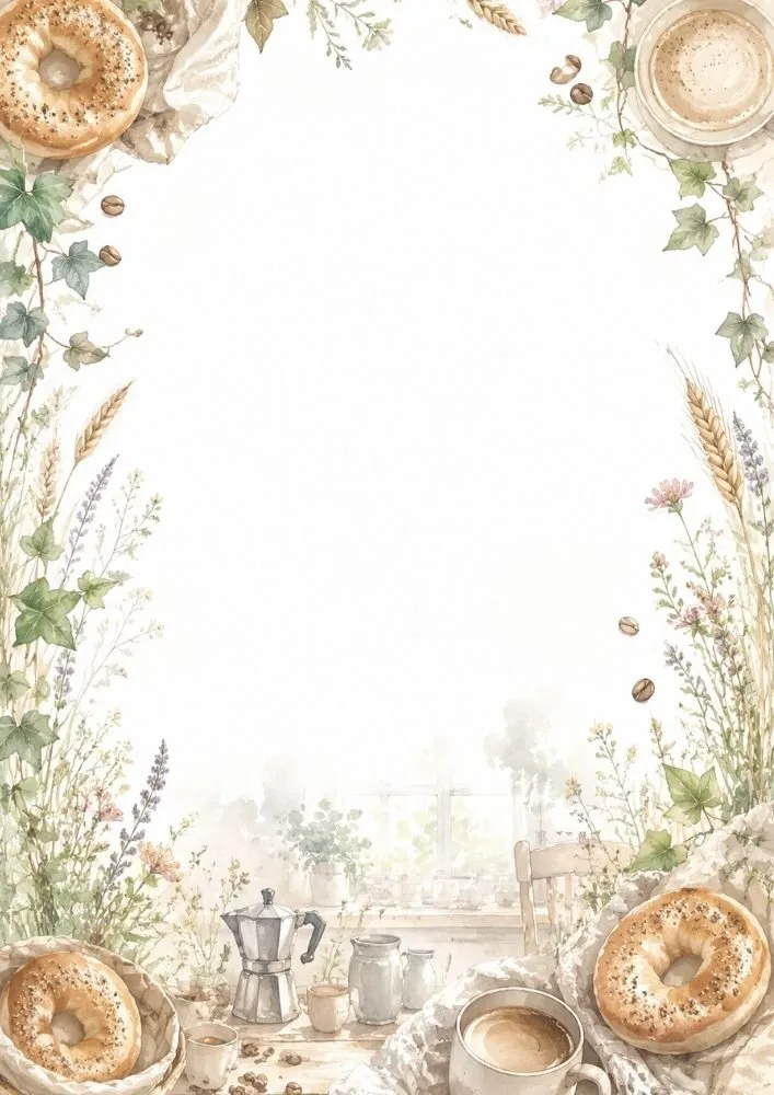 Cozy cottage kitchen background with bagels, coffee, and garden-inspired details.
