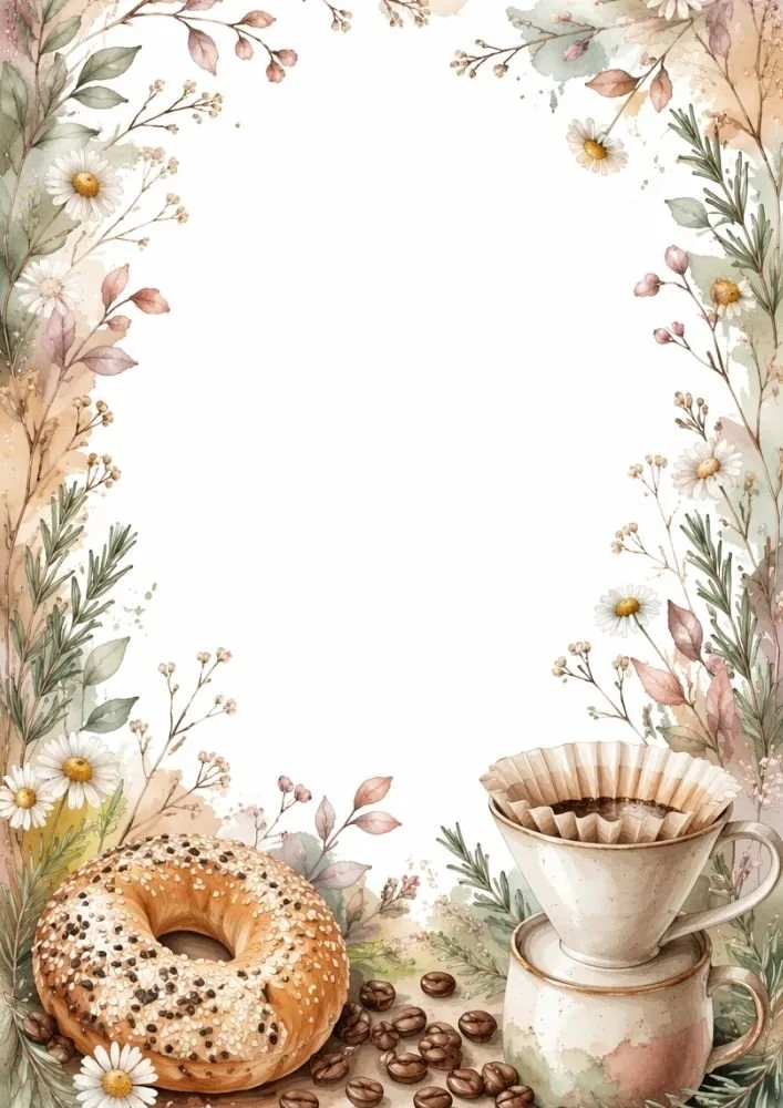 Watercolor coffee dripper, coffee beans, and bagel with floral border.