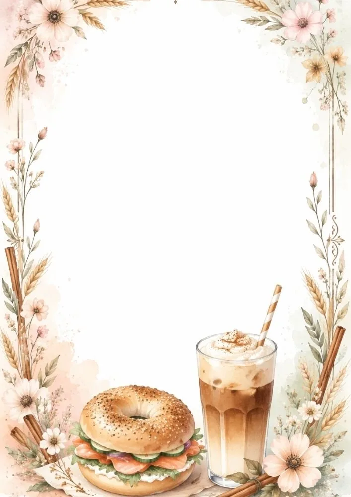 Iced coffee and sandwich bagel framed by flowers and wheat decorations.