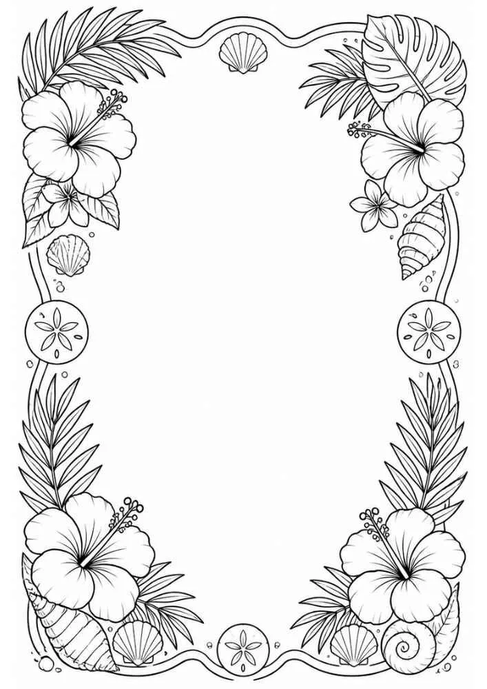 Beach border with hibiscus flowers, tropical leaves, seashells, and sand dollars.
