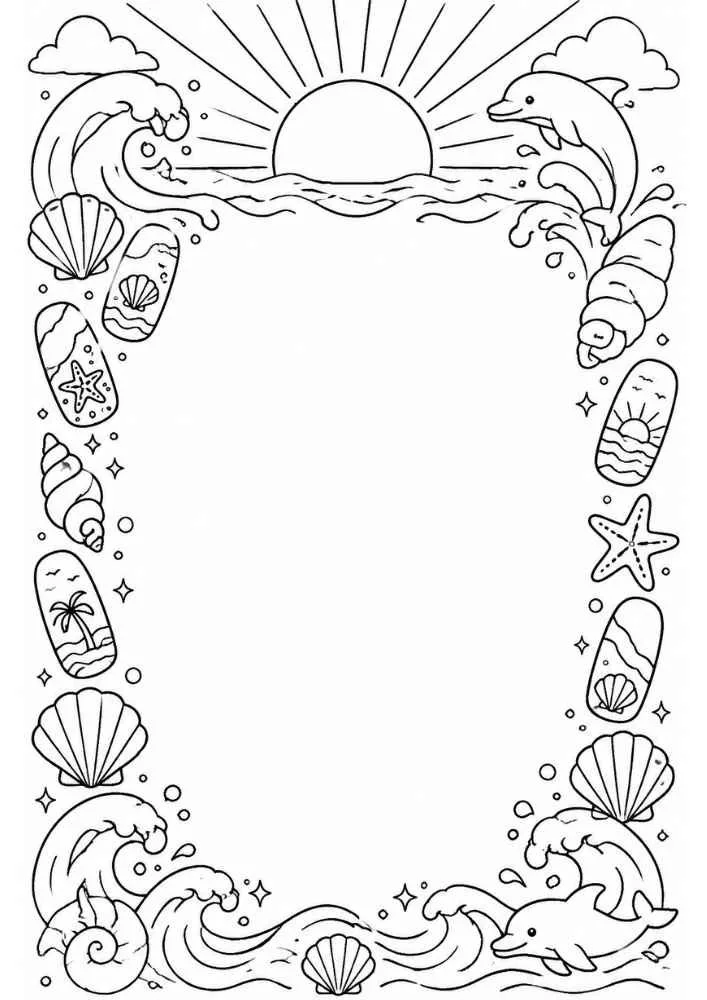 Dolphin border with sunset, waves, seashells, and beach decorations.
