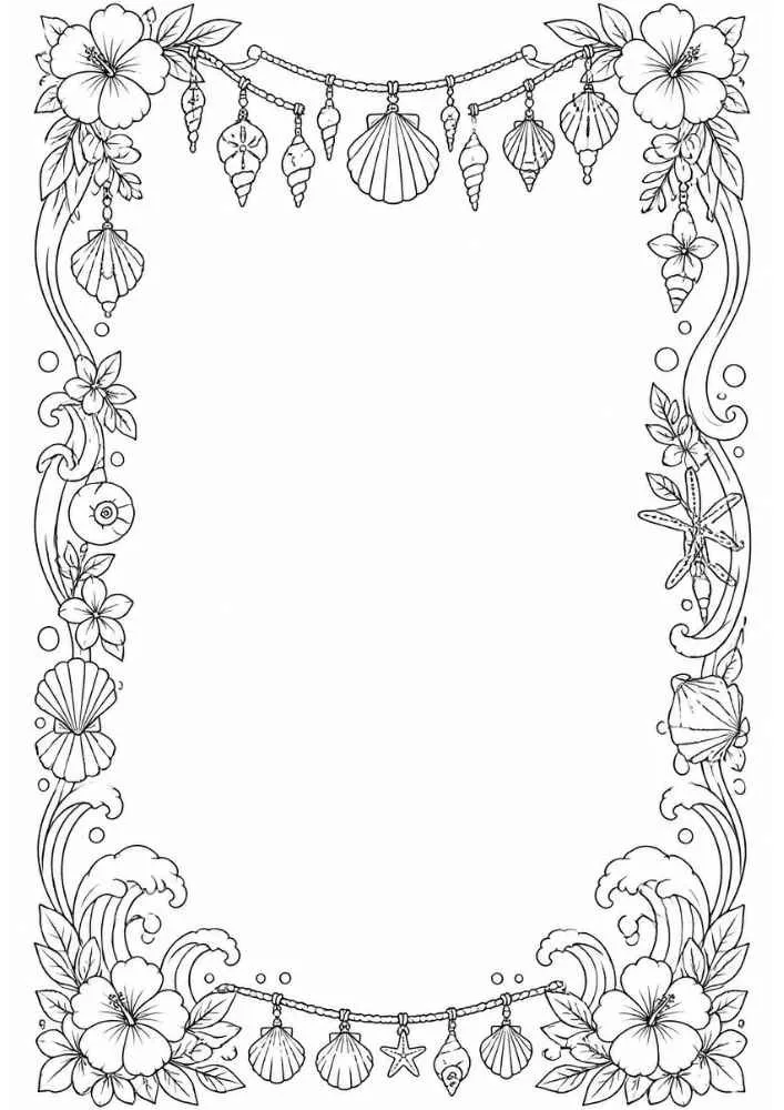 Border with shell garlands, flowers, waves, and starfish.