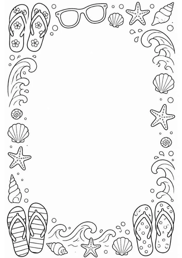 Beach border with flip-flops, sunglasses, shells, starfish, and waves.
