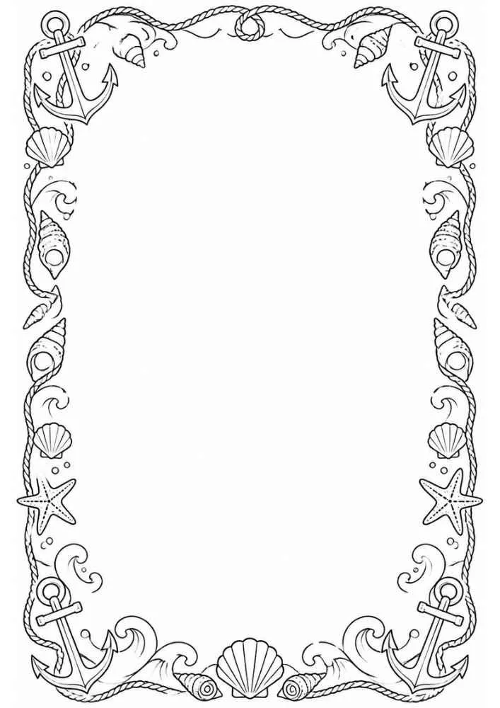 Nautical border with anchors, ropes, waves, seashells, and starfish.