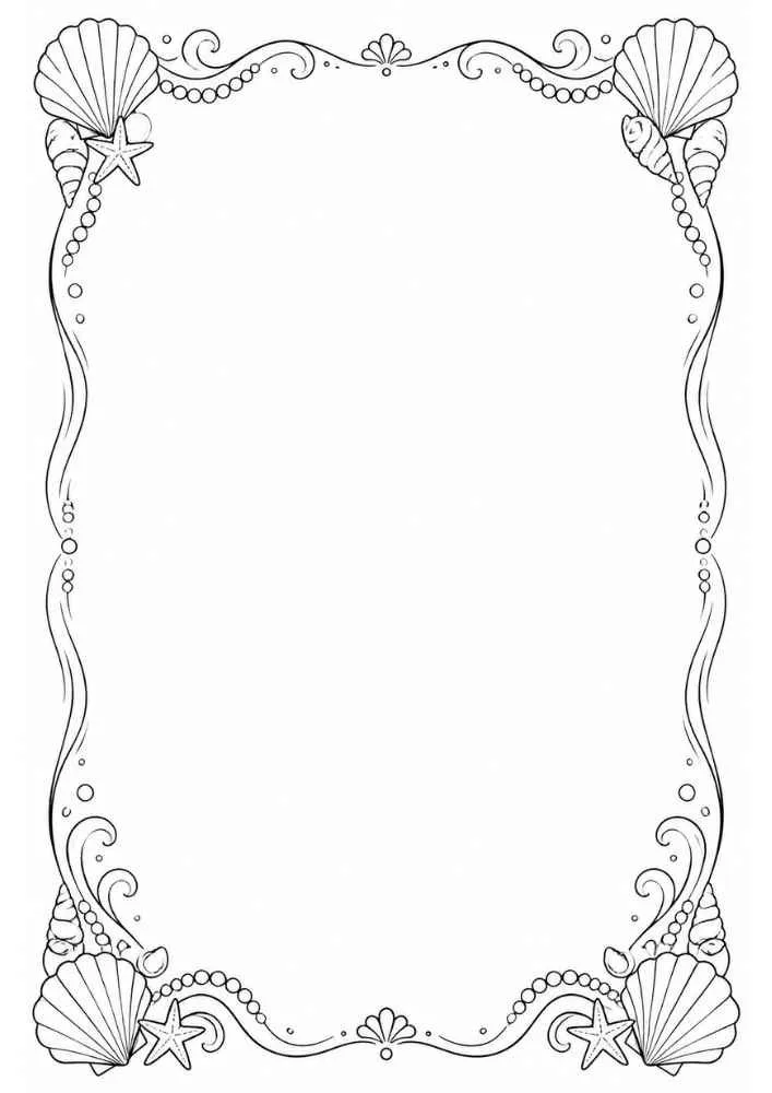 Elegant border with pearls, seashells, starfish, and ocean swirls.