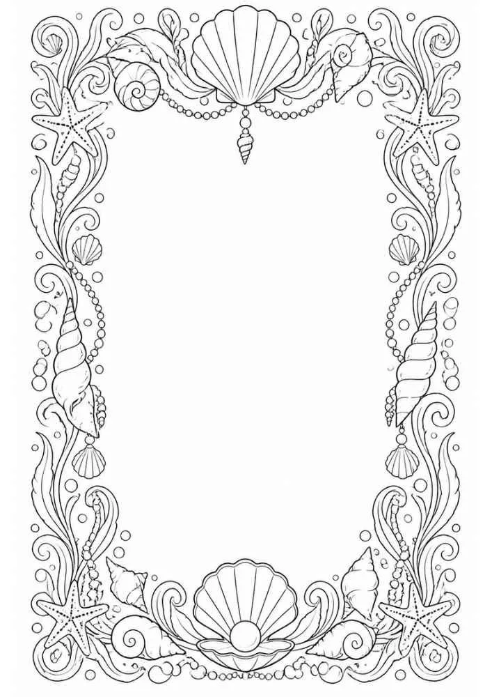 Ornate ocean border with shells, pearls, starfish, and sea plants.