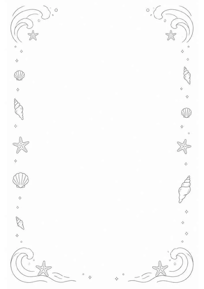 Simple beach border with corner waves, seashells, and starfish.