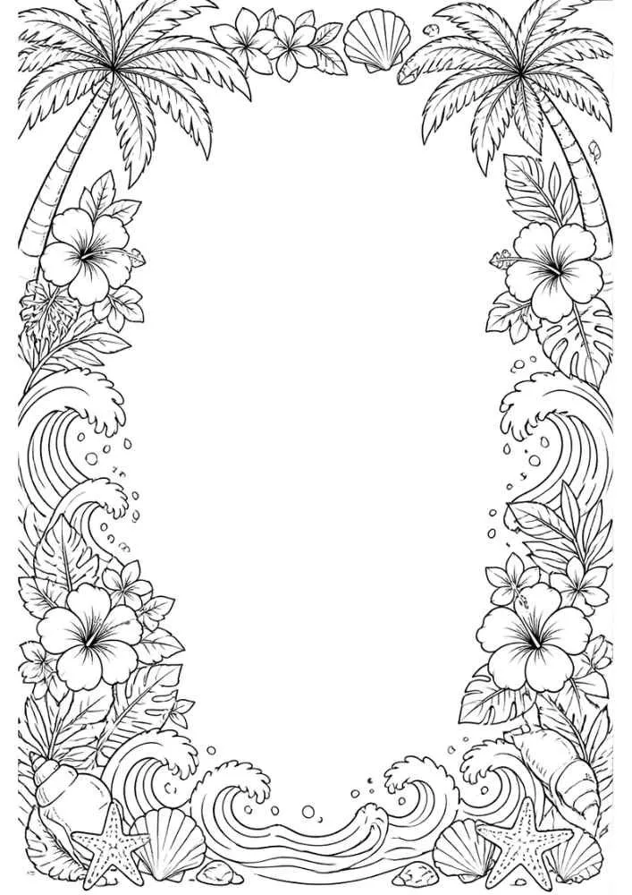 Palm tree border with waves, flowers, starfish, and seashells.