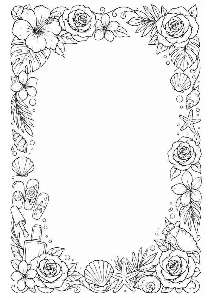 Floral beach border with roses, flip-flops, seashells, and starfish.