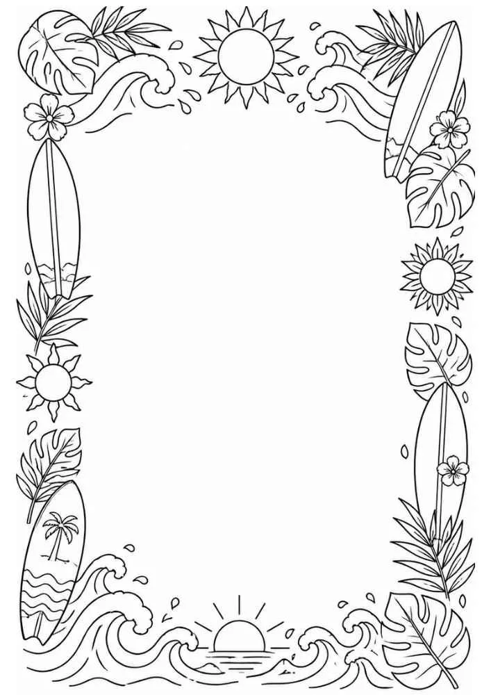 Summer border with surfboards, waves, sun, flowers, and leaves.