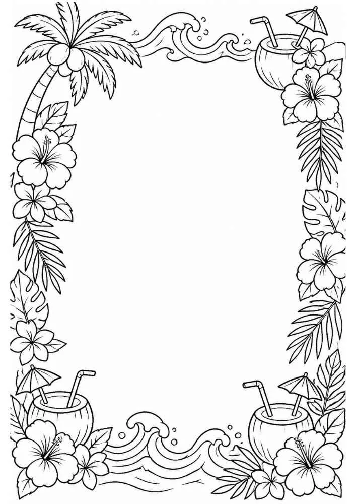 Beach border with coconut drinks, flowers, leaves, and waves.