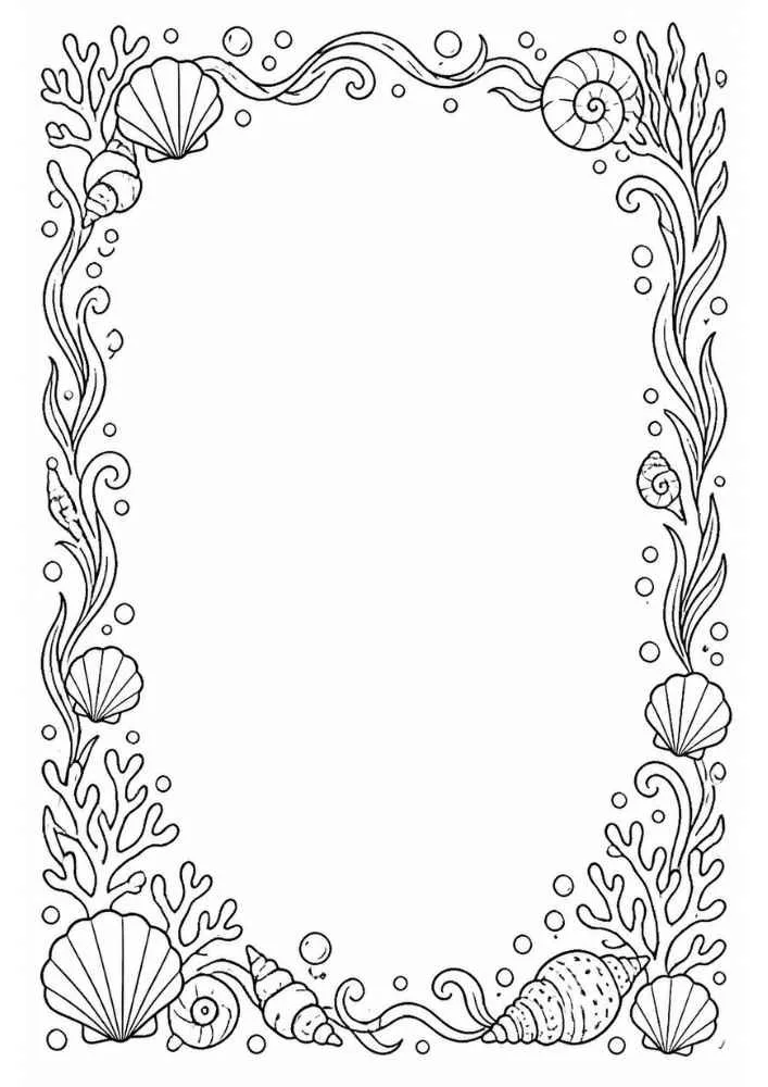 Coral reef border with seaweed, seashells, bubbles, and ocean swirls.