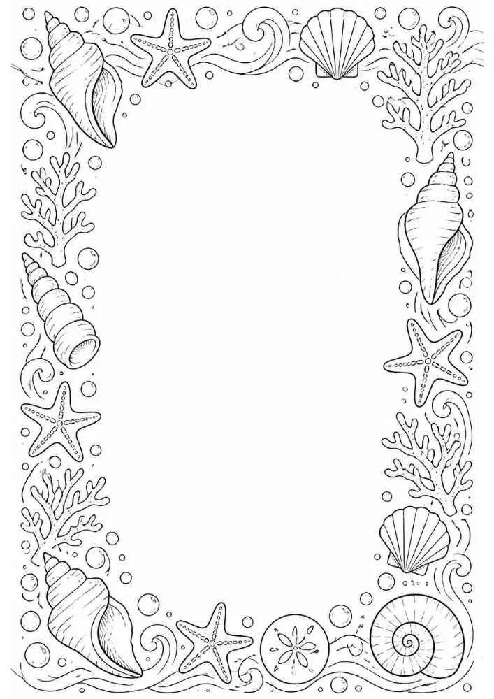 Ocean border with starfish, seashells, coral, bubbles, and waves.