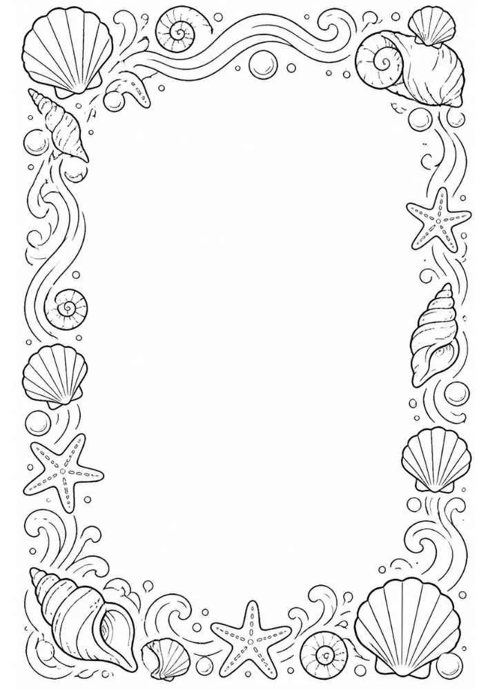 Seashell border with waves, starfish, sand dollars, and bubbles.