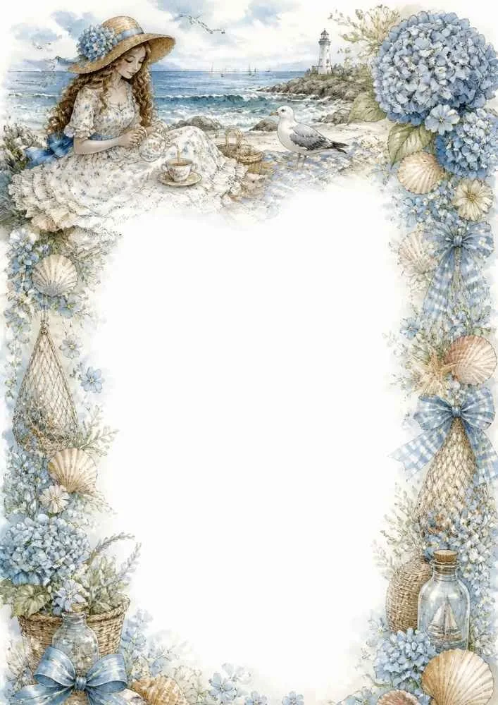 Girl having tea by the beach with hydrangeas, seashells, seagull, ocean waves, and lighthouse.