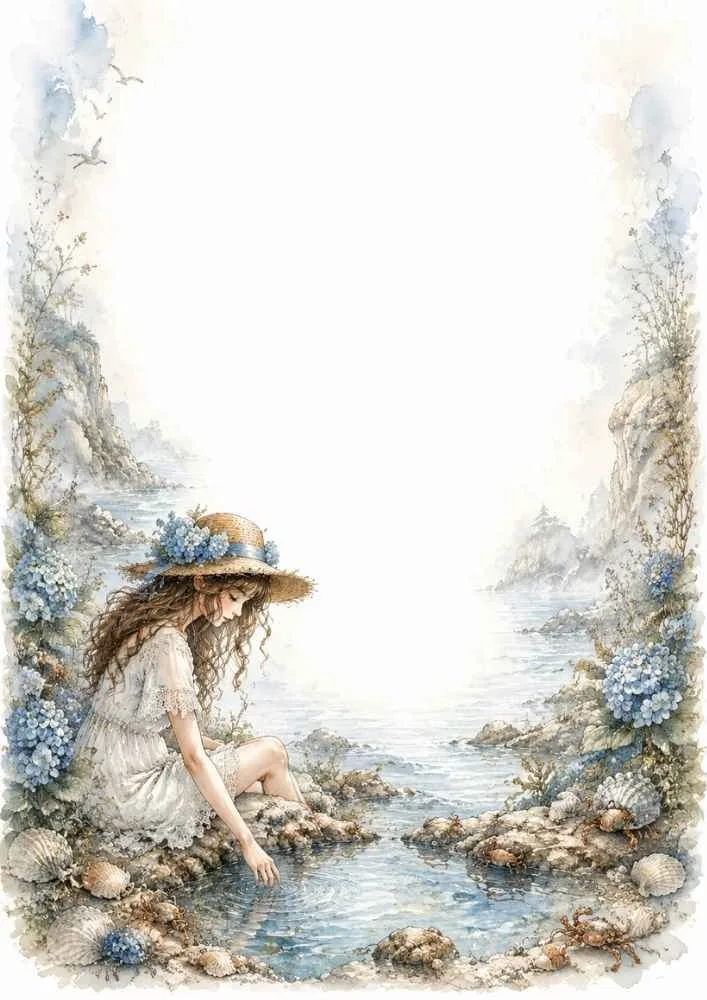 Girl sitting by a rocky stream with flowers, shells, and coastal scenery.