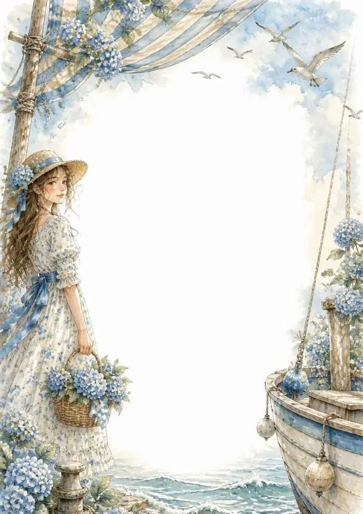 Girl with flower basket near a docked boat, flowers, ocean, and lighthouse.