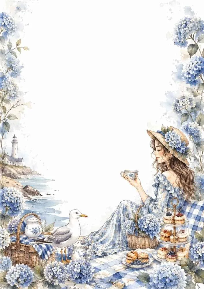 Girl drinking tea beside pastries, flowers, seagull, beach, and ocean.