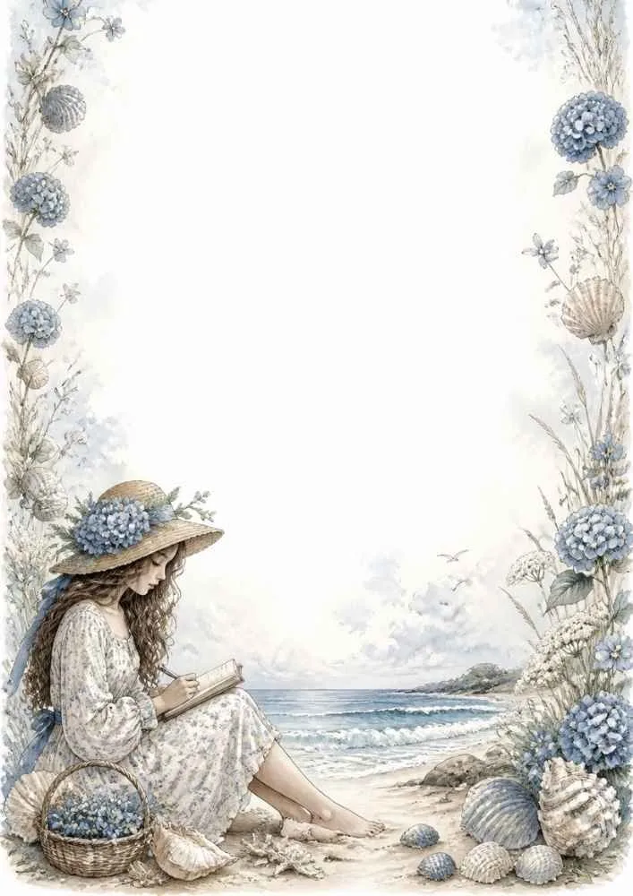 Girl writing in a journal on the beach with flowers, shells, and ocean.