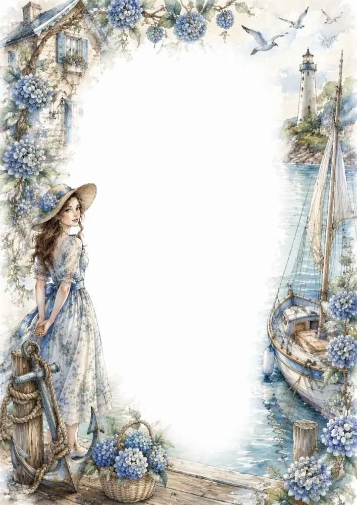 Girl beside a sailboat with lighthouse, flowers, dock, and seaside scenery.