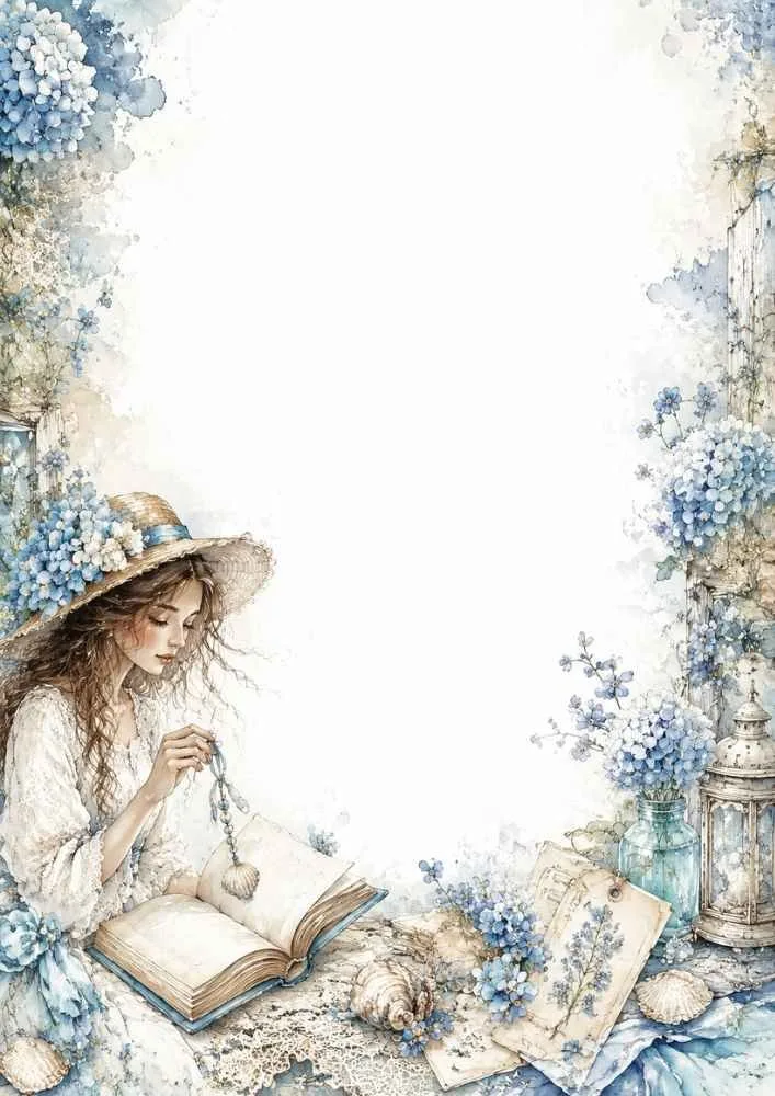 Girl reading a book with flowers, lanterns, shells, bottles, and seaside items.