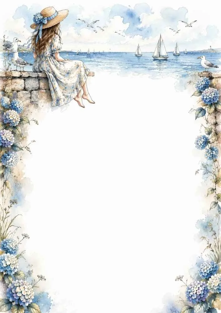Girl steering a sailboat with seagulls, flowers, lantern, and ocean background.