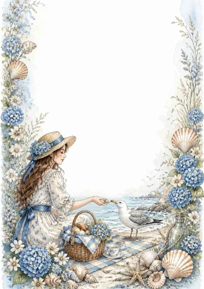 Girl sitting on books by a stream with flowers, shells, and rocky shoreline.