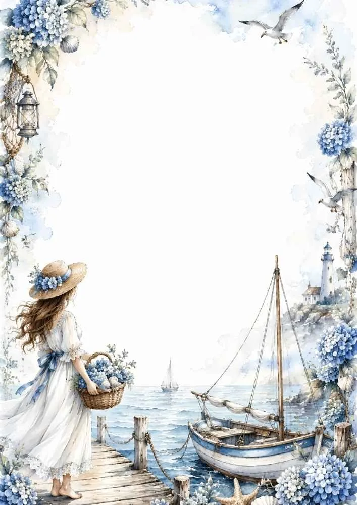 Girl with flower basket on a dock beside a sailboat, lighthouse, flowers, and ocean.