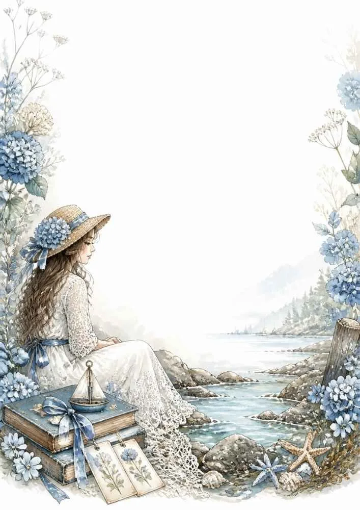 Girl feeding a seagull at a beach picnic with flowers, baskets, shells, and ocean.