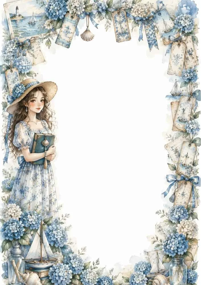 Girl holding a book with hydrangeas, sailboats, shells, ribbons, and seaside decorations.