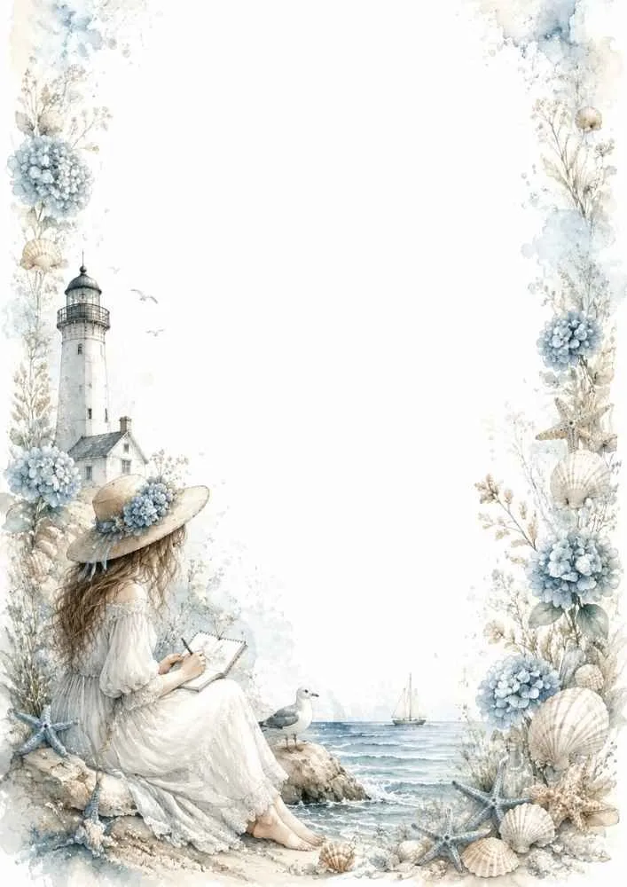Girl sketching by the beach with lighthouse, flowers, starfish, shells, and ocean.