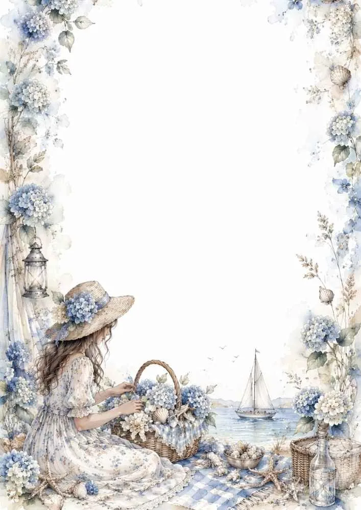 Girl with flower basket by the sea, picnic blanket, sailboat, shells, and flowers.