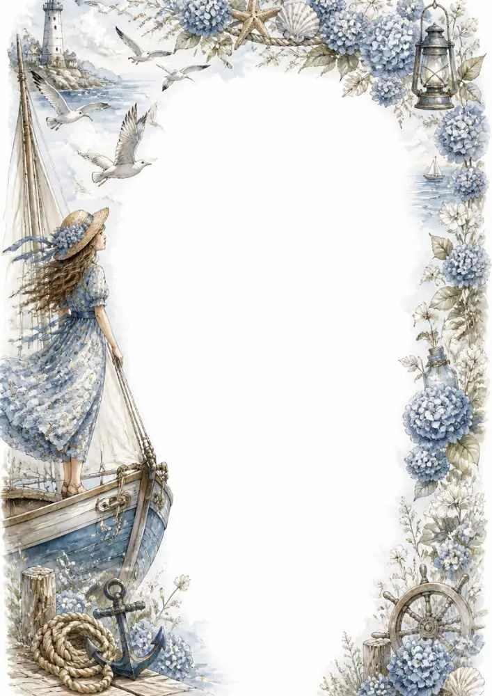Girl on a sailboat with seagulls, flowers, anchor, wheel, and ocean background.