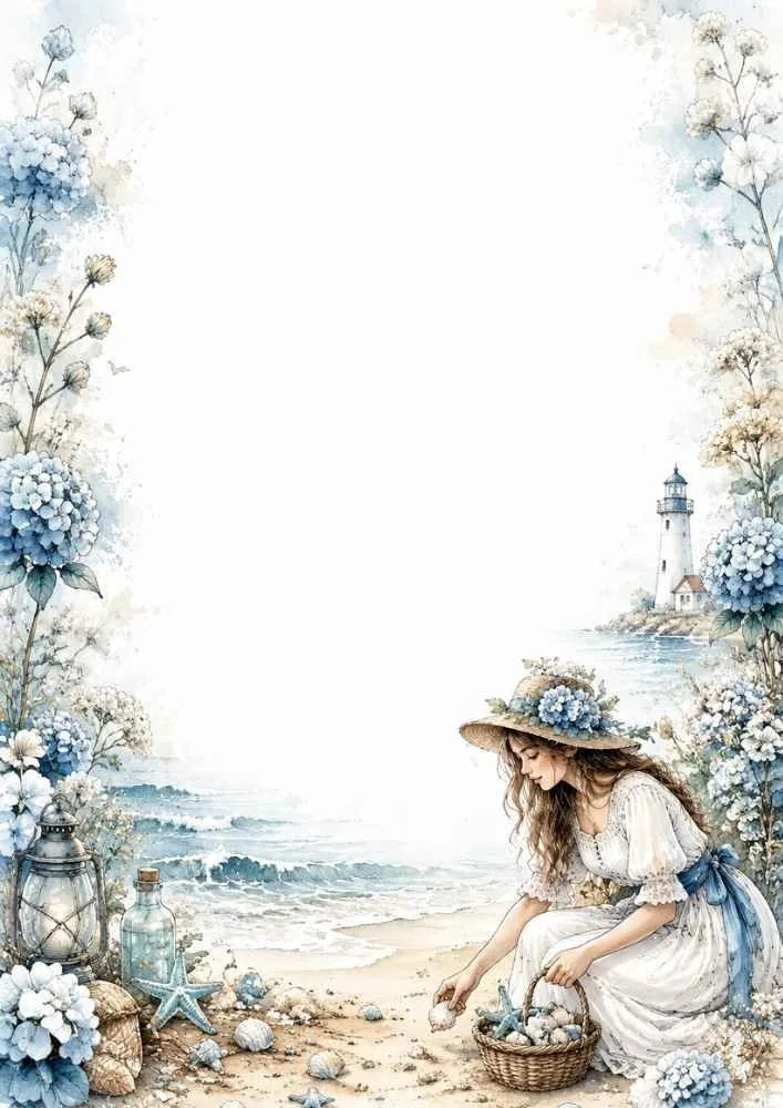 Girl collecting shells on the beach with lighthouse, flowers, lantern, and ocean.