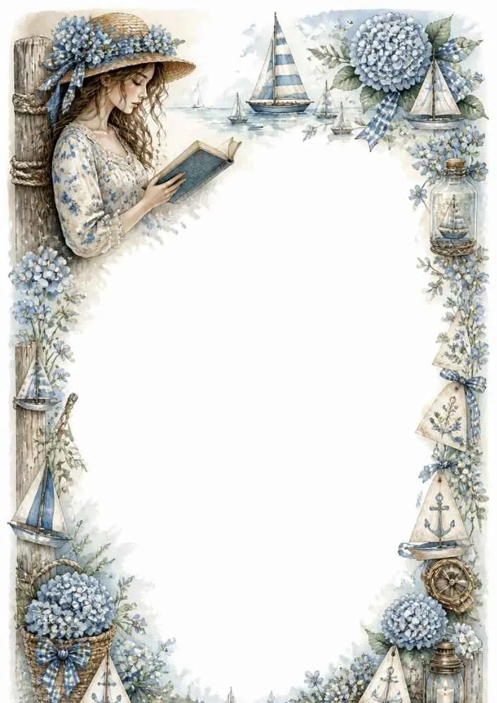 Girl reading beside sailboats with flowers, nautical decorations, and seaside views.