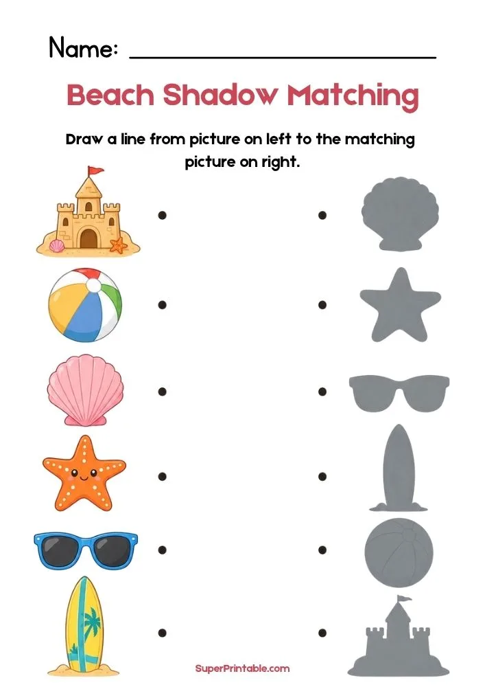 Beach shadow matching worksheet with sandcastle, beach ball, shell, starfish, sunglasses, and surfboard.
