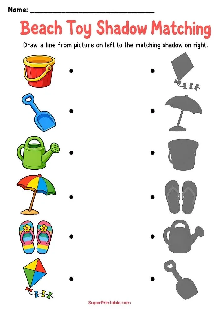 Beach toy shadow matching worksheet with bucket, shovel, watering can, umbrella, flip-flops, and kite.