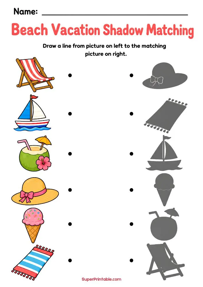 Beach vacation shadow matching worksheet with chair, sailboat, coconut drink, hat, ice cream, and beach mat.